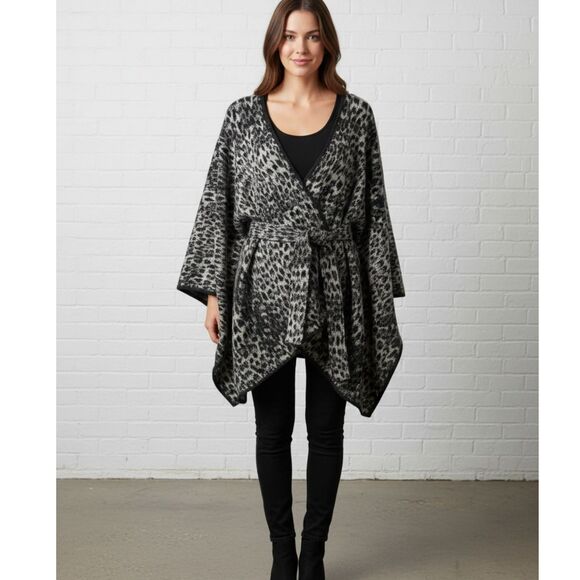 Anne Klein Wrap Cardigan One Size Leopard Print Black Grey NWT - Picture 1 of 15